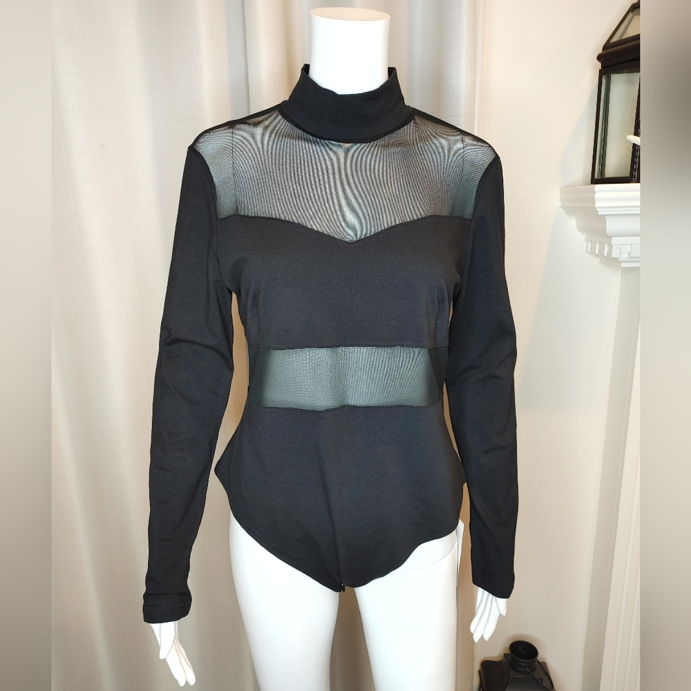 May & Maya "All The Single Ladies" Contrast Sheer Mesh Panel Accents Bodysuit, L